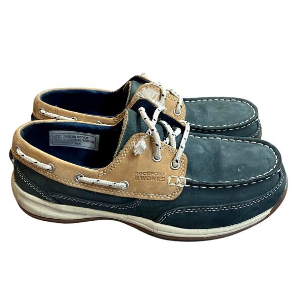 Rockport Works Women's Boat Shoes 9M Leather Blue Tan Sailing Club Steel Toe - Picture 2 of 9